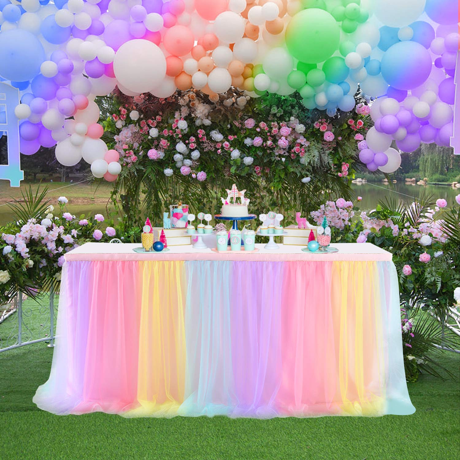 Suppromo Rainbow Table Skirt For Birthday Party 6Ft Unicorn Tulle Tutu Table Skirt For Baby Shower Girl Boy Gender Reveal Rainbo